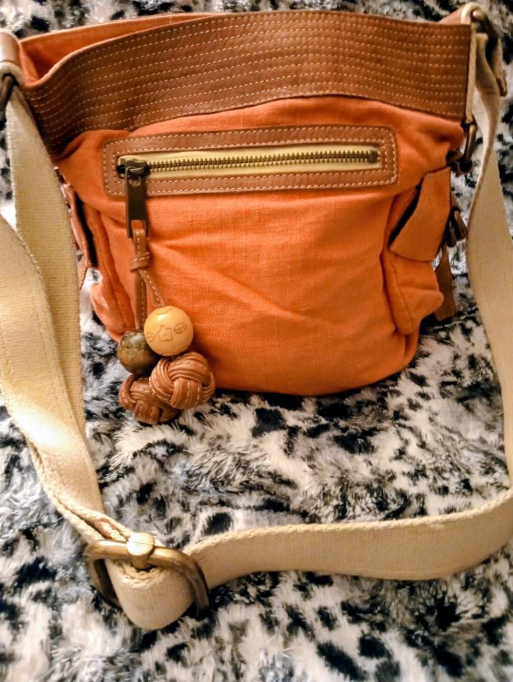 VTG Coral Orange Leather & Canvas Crossbody with Ratten Leather Keychain Accent